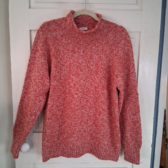 L.L. Bean Womens Coral/White Cotton Ragg Funnelneck Pullover Space Dye Sweater - Picture 2 of 16